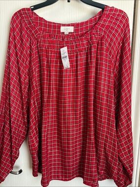 LOFT Red Plaid Long-Sleeve Peasant Blouse